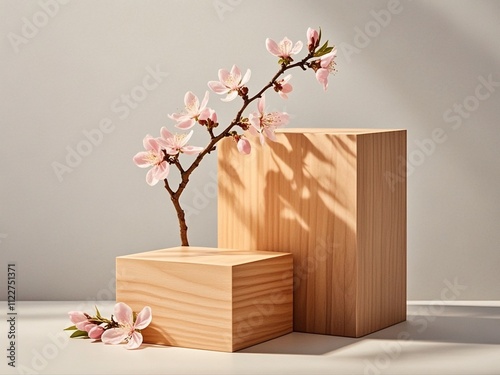 Obraz na płótnie Geometric empty podium wooden platform stand for product presentation and spring flowering tree branch with pink flowers on white background. w salonie