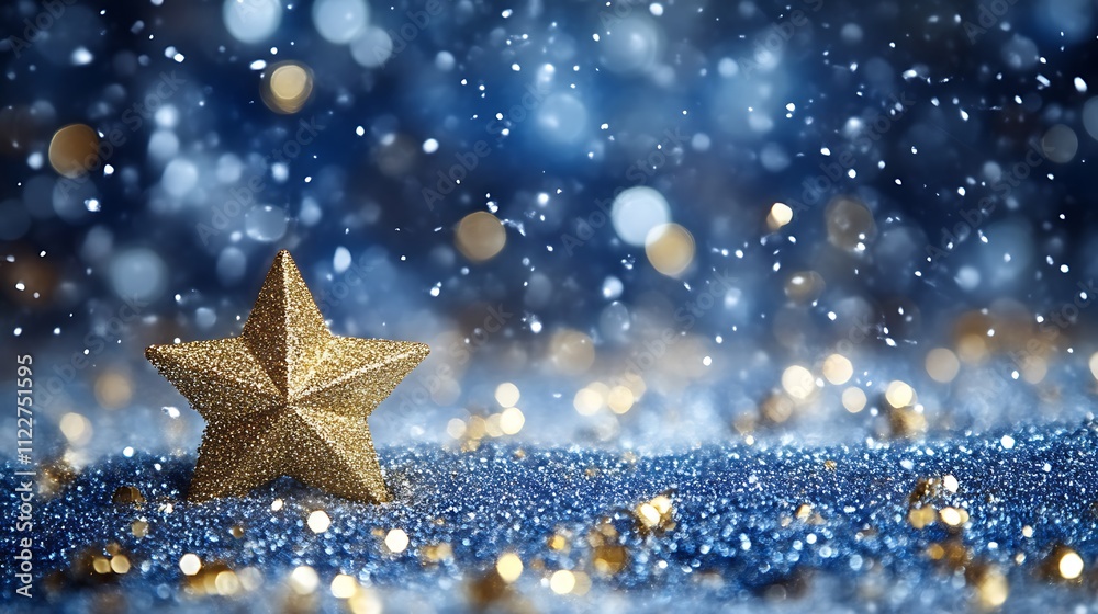 Golden Star On Blue Glittery Winter Background Golden Star On Blue Glittery Winter Background