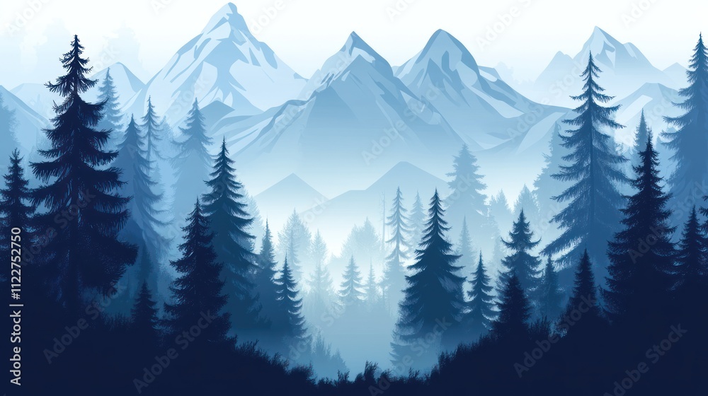 Fototapeta premium Mountain forest landscape with tall pine trees and a misty backdrop.