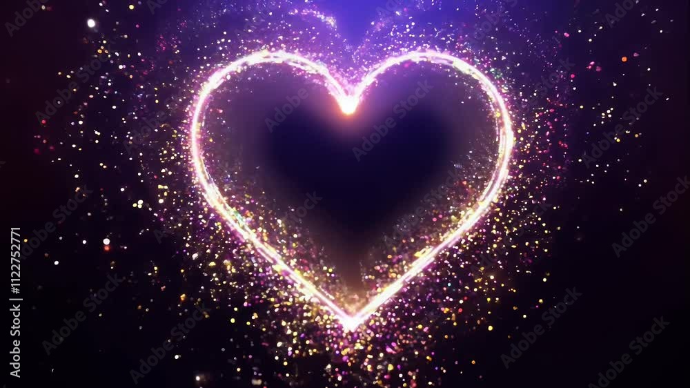 Glitter heart frame pulsing with light and sparkles, floating particles on a black background
