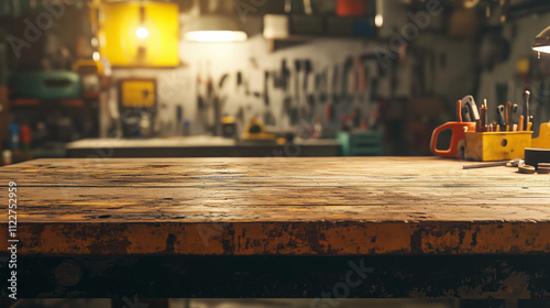 Wooden table mockup placed in the middle of a workshop with tools such as screwdrivers, hammers, Ai generated images photo