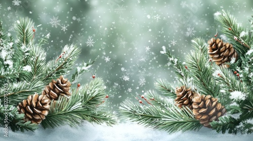 Nature-themed Christmas design with pinecones, greenery, and snowy forest elements.