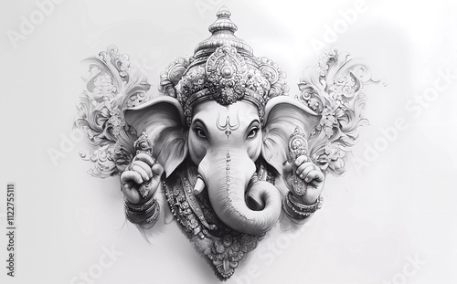 Drawing pencil sketch of Ganesha black and white. Elegant Ganesha drawing in detailed Balinese tattoo style, ideal for cultural and spiritual themes