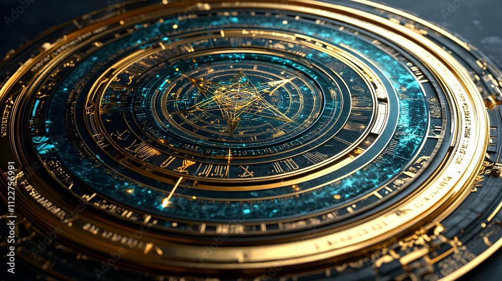 Fototapeta premium Intricate Golden Design with Magical Elements and Calculating Patterns