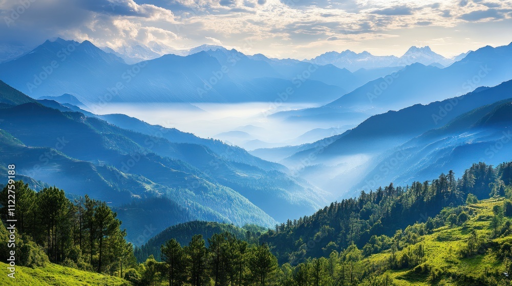 Fototapeta premium Dynamic mountain views with soft lighting, creating a harmonious visual effect.