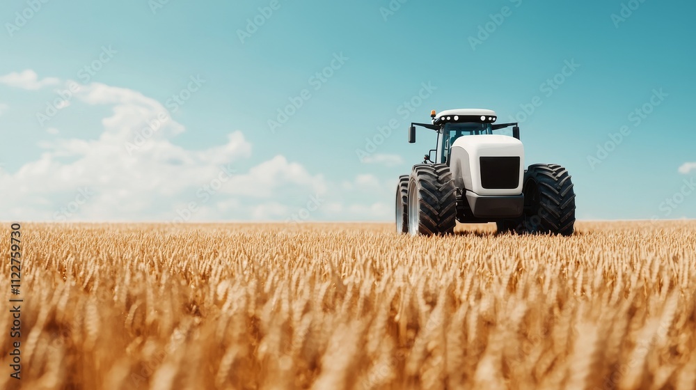 Fototapeta premium A modern tractor in a golden wheat field under a clear blue sky, showcasing agricultural machinery and vast farmland.