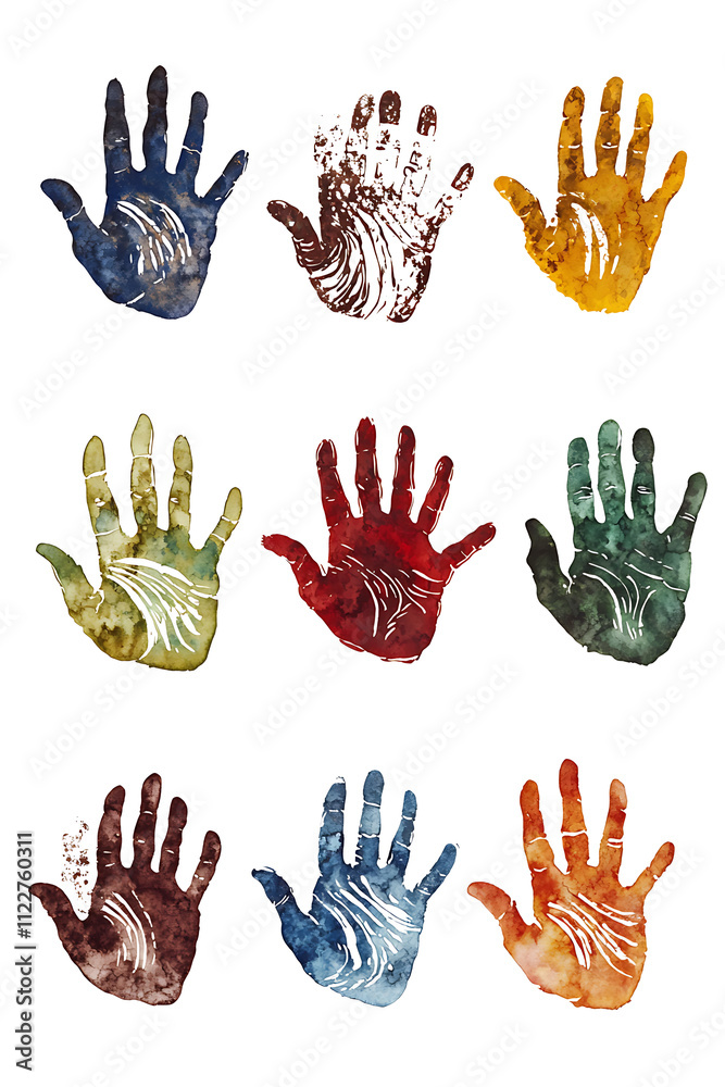 Fototapeta premium Handprints set with colorful watercolor handprints isolated on a white background, detailed illustration, high-resolution professional photograph