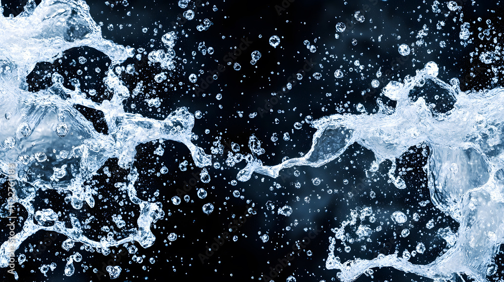 Obraz premium water forms against a deep black background, blending abstract splashes, ripples, mist, and dynamic droplets.