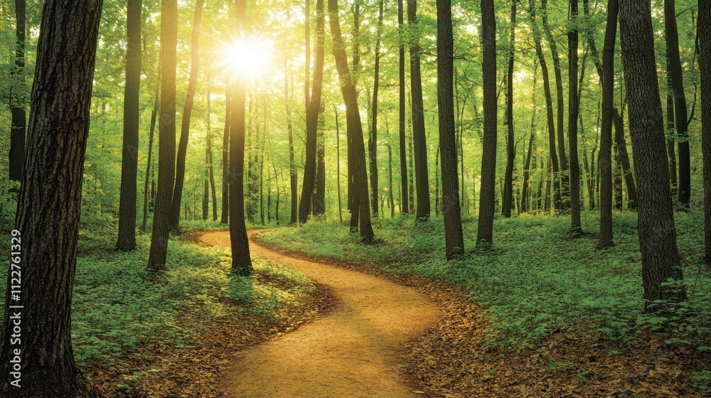 Obraz premium A serene forest path illuminated by sunlight, inviting exploration and tranquility.