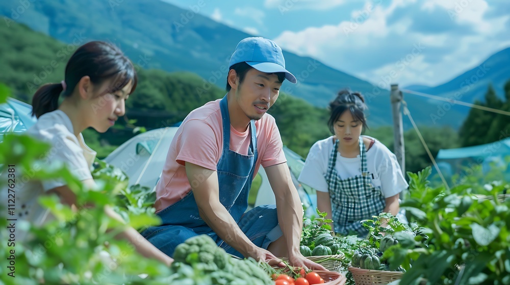 Obraz premium Friends Enjoying a Day of Fresh Produce Picking in a Green Valley