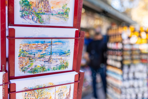 Photography Postcards of the most important places of Barcelona city like Sagrada Familia or Rambla showing colorful postcards of barcelona