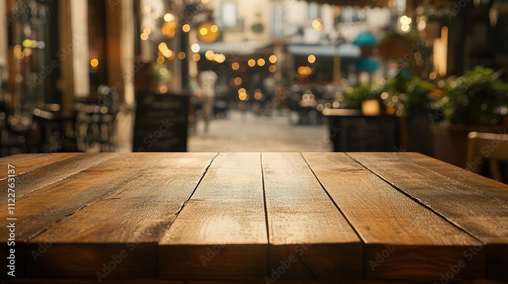 Light Gold Wooden Table Top in a Cozy Cafe with Bokeh Background Light Gold Wooden Table Top in a Cozy Cafe with Bokeh Background