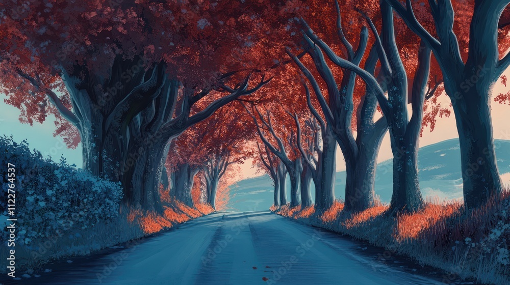 Fototapeta premium Road with trees lining both sides, creating a picturesque and calming atmosphere.