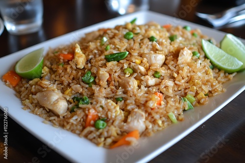 A plate of crispy Thai Fried Rice with seafood, vegetables, and lime wedges.