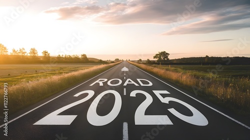 Road to 2025 with an empty road with written 2025 and arrow pointing towards the horizon 