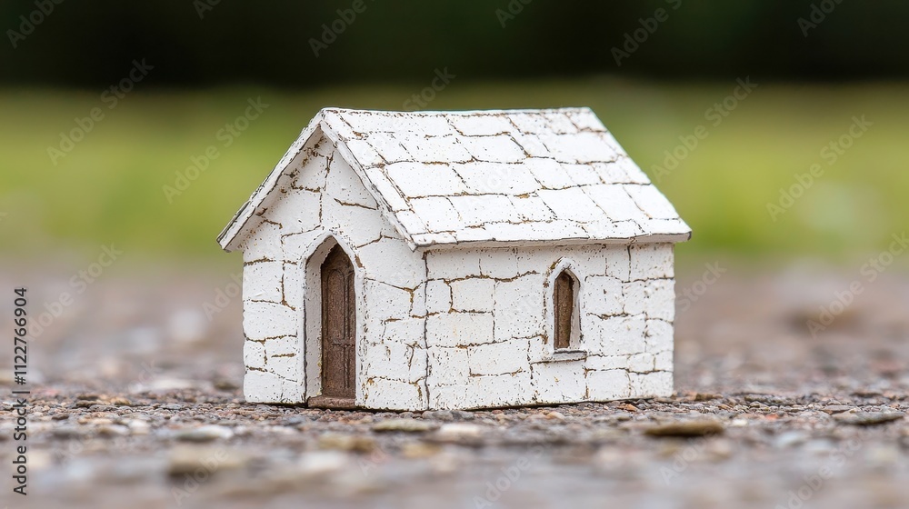 Small White House Model on Gravel Surface with Blurred Background Small White House Model on Gravel Surface with Blurred Background