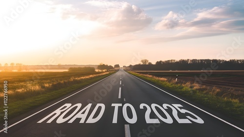 Road to 2025 with an empty road with written 2025 and arrow pointing towards the horizon to represent the future and positivity and success of the new year 2025 