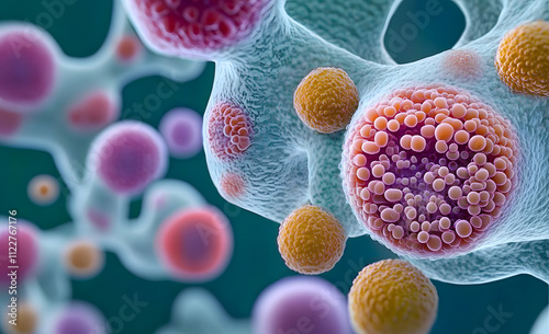 Under a microscope are the cells of the body. Stem cell research. Cellular therapy and regeneration. 3D modelling.