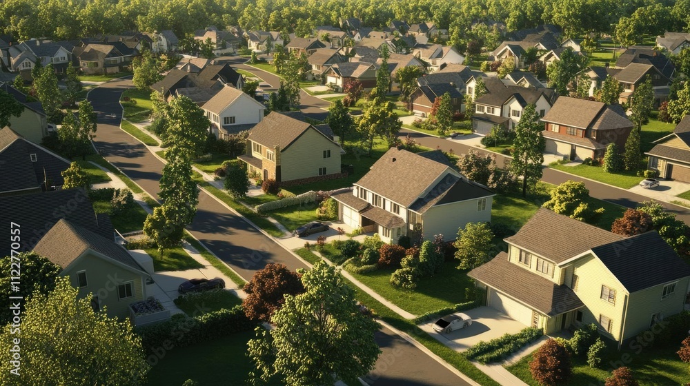 Fototapeta premium Aerial View of a Suburban Neighborhood with Houses, Trees, and Cars