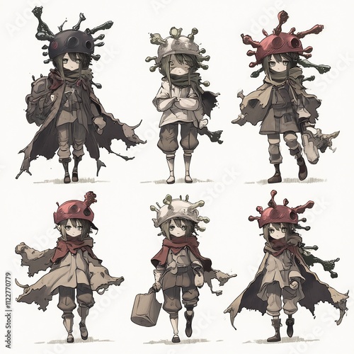 A group of characters that seem to be related to themes of adventure or magic. They wear various outfits that reflect the traits of travelers, witches, or mysterious individuals, with each character r photo