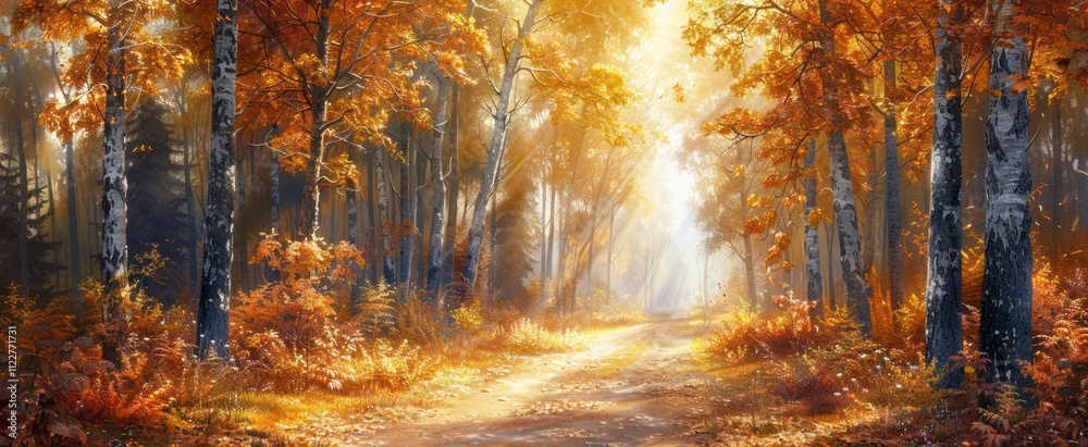 Sunlit Path Through Autumn Forest Sunlit Path Through Autumn Forest