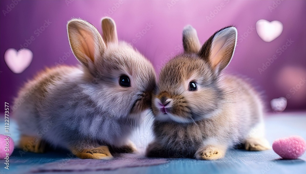 Obraz premium A cute, little two baby bunny, symbol of love. Pastel, creative, animal concept. Valentine's Day, a small rabbit couple in a pet relationship. Illustration