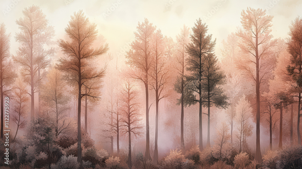 Fototapeta premium serene forest landscape with tall trees in soft pastel colors, creating tranquil atmosphere. mist adds dreamy quality to scene, evoking sense of calm and peace