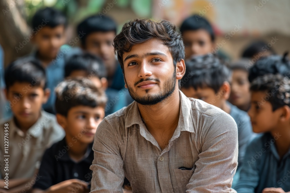 Young Man Smiling Among Children Education Hope India