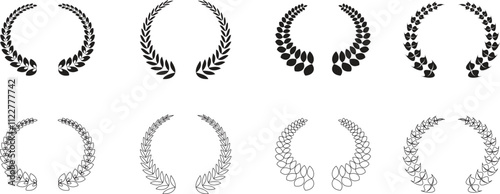 Premium quality laurel wreath retro vintage design icon set. Black flat and line collection vector isolated on transparent background. The certificate is official solemn elegant guaranteed symbol.