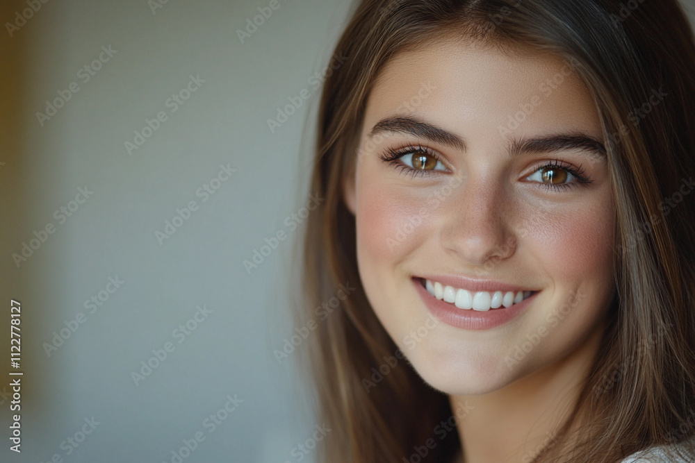 Smiling young woman with long hair in a bright room