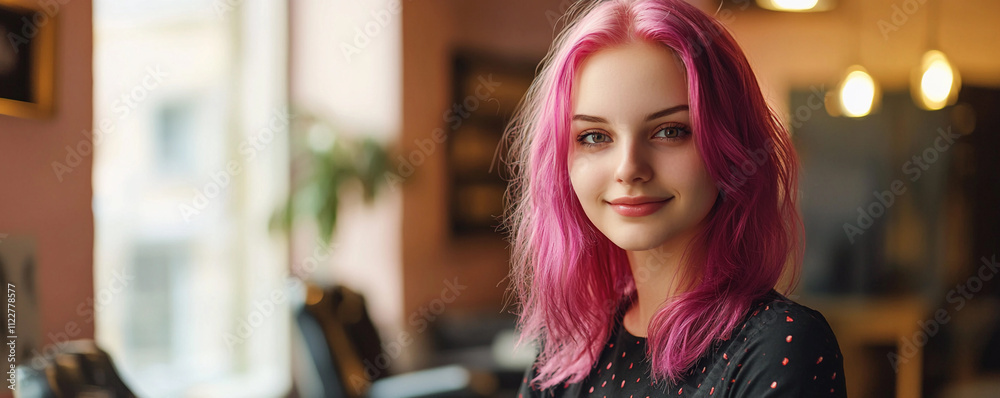 Fototapeta premium Young woman with pink hair smiling in a cafe setting
