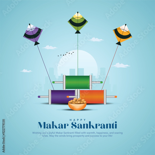 Happy Makar Sankranti poster with colorful kite string for festival of India. abstract vector illustration design.