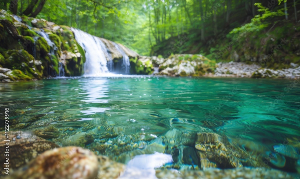 Fototapeta premium Serene Forest Waterfall with Clear Pool - Idyllic Nature Scene for Print, Poster, and Wall Art