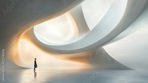 Person standing in a futuristic, abstract, white, curved architectural space with soft lighting.