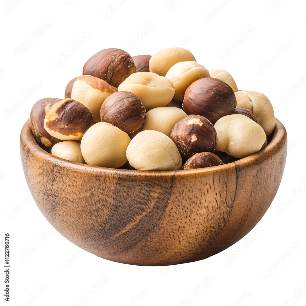 Obraz premium Macadamia nuts in a wooden bowl isolated on white & transparent a background.