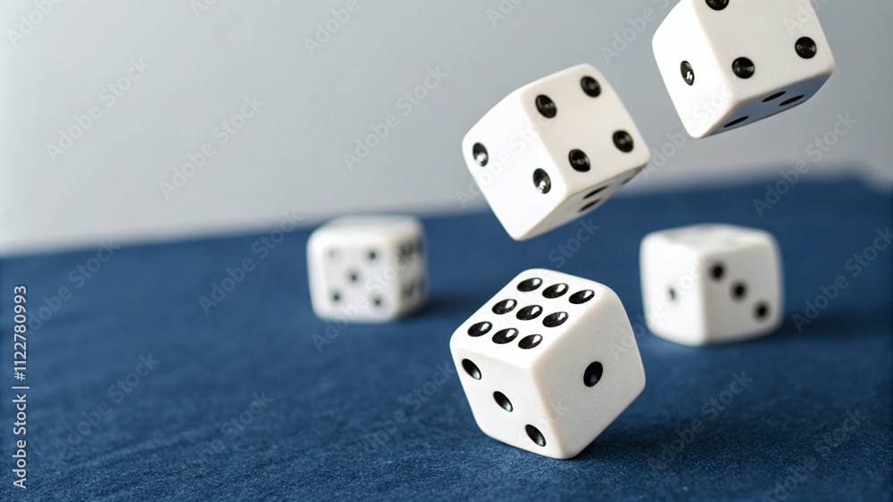 Close-up of Dices Falling to Clean Navy Blue Background, Gambling, Games and Winning Close-up of Dices Falling to Clean Navy Blue Background, Gambling, Games and Winning
