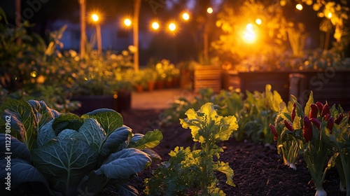 Night garden scene with illuminated plants and raised beds.