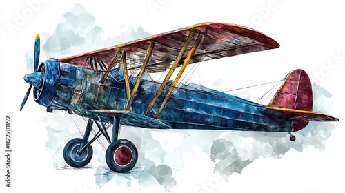 Watercolor Painting of a Vintage Biplane Aircraft photo