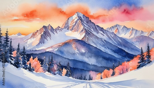 Majestic watercolor landscape capturing the tranquil beauty of a ski resort nestled in snowy mountains during a breathtaking sunset