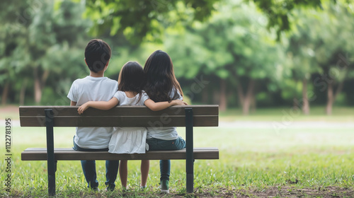 Mother and Children Embrace on Park Bench Celebrating Family Love