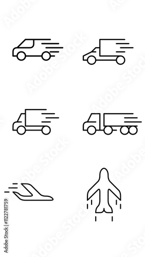 A set of line icons related to Shipping. Deliver, goods, shipments, package, risk, truck, train, container, free, paid, cargo, factory, and so on. Vector outline icons set.