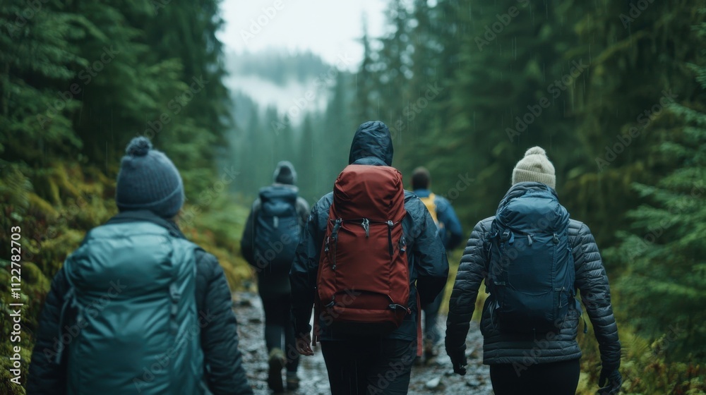 Community Focused. Hikers walking through a lush forest trail on a cloudy day. Community Focused. Hikers walking through a lush forest trail on a cloudy day.