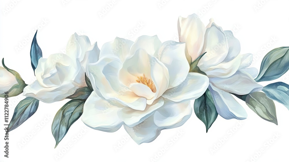 Elegant White Magnolia Blossoms and Green Leaves Elegant White Magnolia Blossoms and Green Leaves