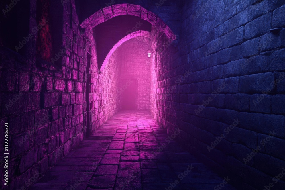 Fototapeta premium Mysterious Neon-Lit Stone Alleyway