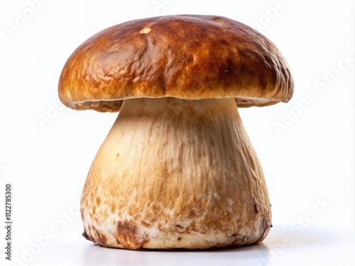 Captivating Close-Up of a Fresh Boletus Edulis (Cep) Mushroom Isolated on a White Background, Showcasing Its Unique Texture and Color for Culinary Inspiration and Gourmet Recipes