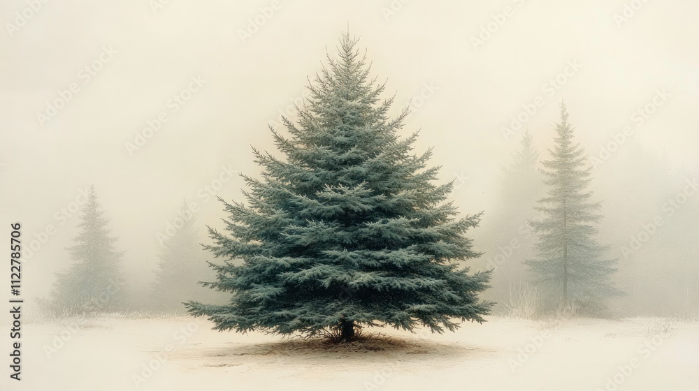 Fototapeta premium Here's a caption and keywords for your stock photo.. Solitary evergreen in foggy winter landscape.