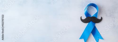 Blue ribbon and mustache symbolizing Movember for men’s health awareness on a light background with ample copy space