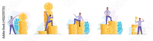 Financial consultant or investor stands on a stack of coins. Successful businessman or modern entrepreneur. Services Financial consulting and savings. Illustration in flat style. Vector