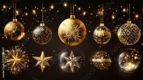 Ultra-Realistic Christmas Collection: Golden Baubles, Glass Snowflakes, and Fairy Lights photo
