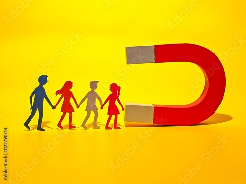 Group holding hands before large magnet